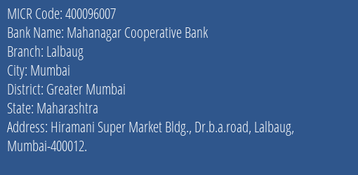 Mahanagar Cooperative Bank Lalbaug MICR Code