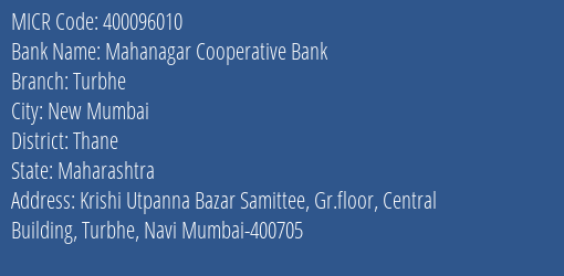 Mahanagar Cooperative Bank Turbhe MICR Code