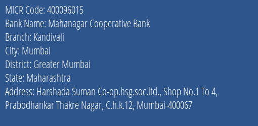 Mahanagar Cooperative Bank Kandivali MICR Code