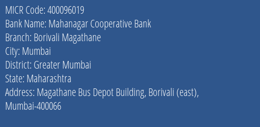 Mahanagar Cooperative Bank Borivali Magathane MICR Code