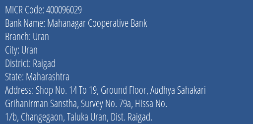 Mahanagar Cooperative Bank Uran MICR Code