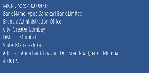 Apna Sahakari Bank Limited Administration Office MICR Code