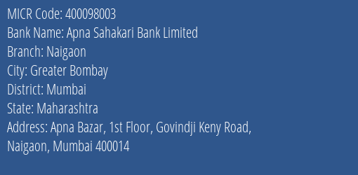 Apna Sahakari Bank Limited Naigaon MICR Code