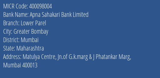 Apna Sahakari Bank Limited Lower Parel MICR Code