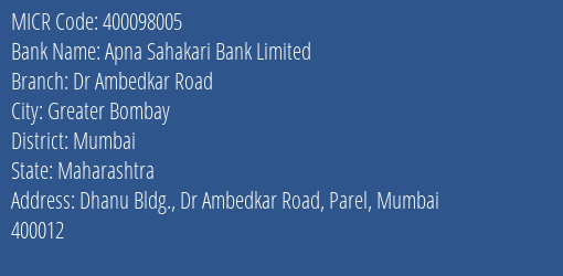 Apna Sahakari Bank Limited Dr Ambedkar Road MICR Code