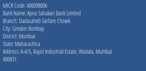 Apna Sahakari Bank Limited Dadasaheb Sarfare Chowk MICR Code