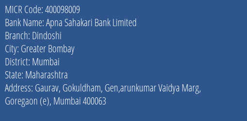 Apna Sahakari Bank Limited Dindoshi MICR Code