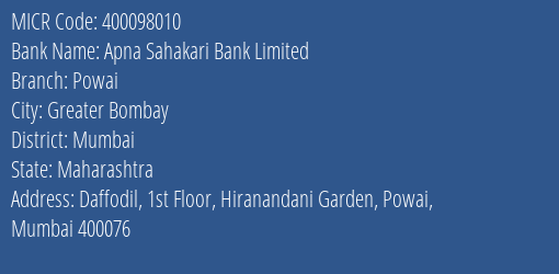 Apna Sahakari Bank Limited Powai MICR Code