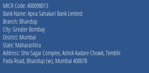 Apna Sahakari Bank Limited Bhandup MICR Code