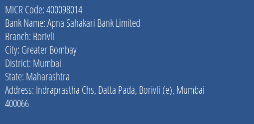 Apna Sahakari Bank Limited Borivli MICR Code