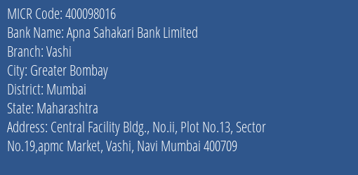 Apna Sahakari Bank Limited Vashi MICR Code
