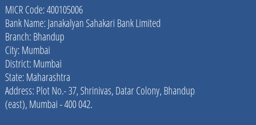 Janakalyan Sahakari Bank Limited Bhandup MICR Code