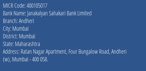 Janakalyan Sahakari Bank Limited Andheri MICR Code