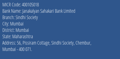 Janakalyan Sahakari Bank Limited Sindhi Society MICR Code