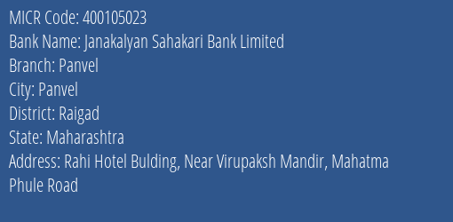 Janakalyan Sahakari Bank Limited Panvel MICR Code