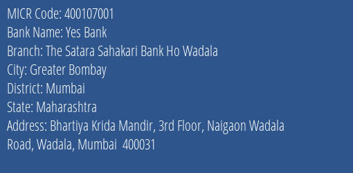 The Satara Sahakari Bank Ho Wadala MICR Code