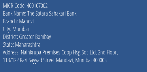 The Satara Sahakari Bank Mandvi MICR Code