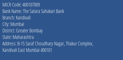 The Satara Sahakari Bank Kandivali MICR Code