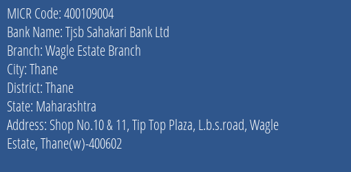 Tjsb Sahakari Bank Ltd Wagle Estate Branch MICR Code