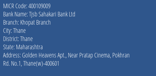 Tjsb Sahakari Bank Ltd Khopat Branch MICR Code