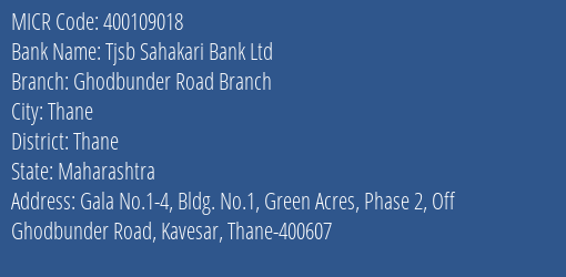 Tjsb Sahakari Bank Ltd Ghodbunder Road Branch MICR Code