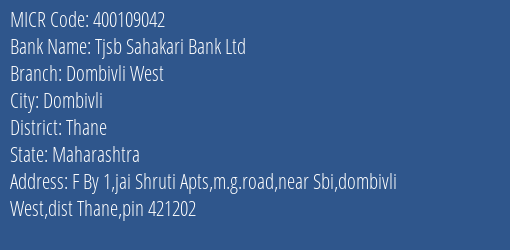 Tjsb Sahakari Bank Ltd Dombivli West MICR Code