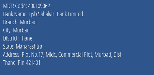 Tjsb Sahakari Bank Limited Murbad MICR Code