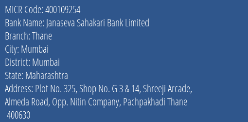 Janaseva Sahakari Bank Limited Thane MICR Code