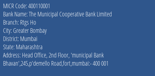 The Municipal Cooperative Bank Limited Rtgs Ho MICR Code