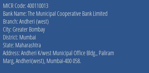 The Municipal Cooperative Bank Limited Andheri West MICR Code