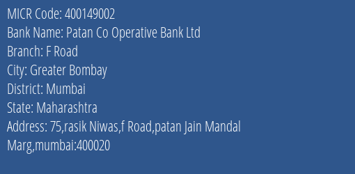 Patan Co Operative Bank Ltd F Road MICR Code