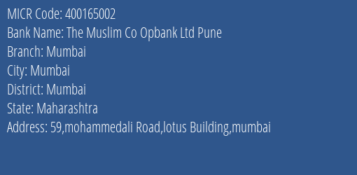 The Muslim Co Opbank Ltd Pune Mumbai MICR Code