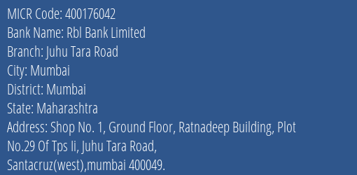 Rbl Bank Limited Juhu Tara Road MICR Code