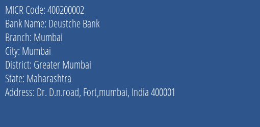 Deustche Bank Mumbai Domestic Custody MICR Code