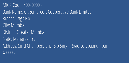Citizen Credit Cooperative Bank Limited Rtgs Ho MICR Code