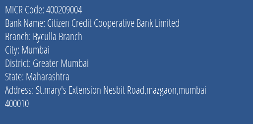 Citizen Credit Cooperative Bank Limited Byculla Branch MICR Code