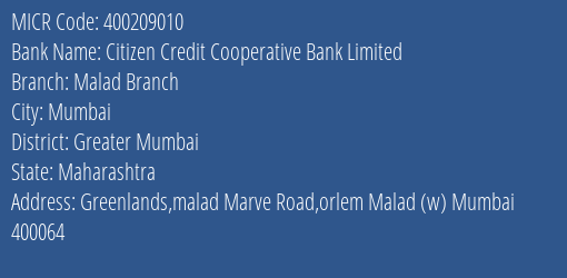 Citizen Credit Cooperative Bank Limited Malad Branch MICR Code