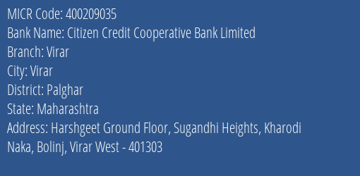 Citizen Credit Cooperative Bank Limited Virar MICR Code