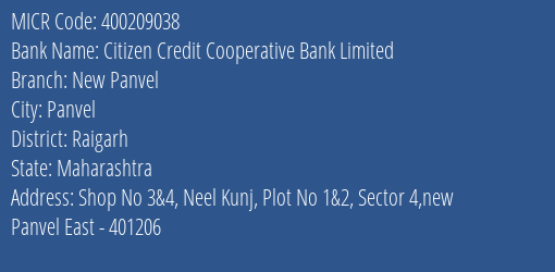 Citizen Credit Cooperative Bank Limited New Panvel MICR Code