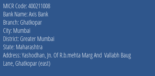 Axis Bank Ghatkopar Branch Address Details and MICR Code 400211008