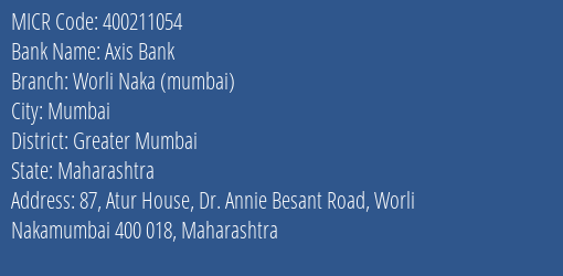 Axis Bank Worli Naka Mumbai Branch Address Details and MICR Code 400211054