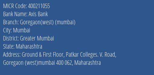 Axis Bank Goregaon West Mumbai Branch Address Details and MICR Code 400211055