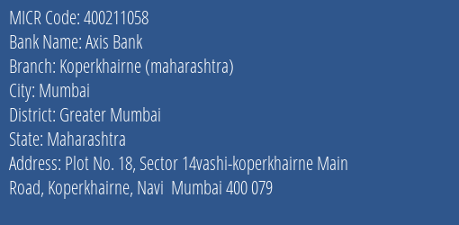 Axis Bank Koperkhairne Maharashtra Branch Address Details and MICR Code 400211058