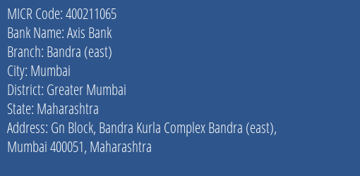Axis Bank Bandra East Branch Address Details and MICR Code 400211065