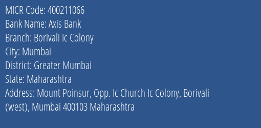 Axis Bank Borivali Ic Colony Branch Address Details and MICR Code 400211066