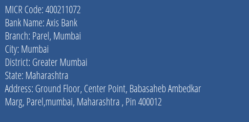 Axis Bank Parel Mumbai Branch Address Details and MICR Code 400211072