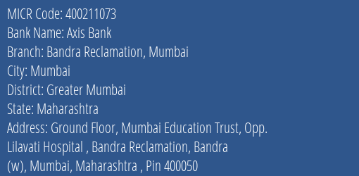 Axis Bank Bandra Reclamation Mumbai Branch Address Details and MICR Code 400211073