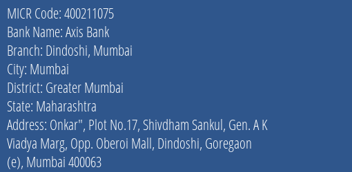 Axis Bank Dindoshi Mumbai Branch Address Details and MICR Code 400211075