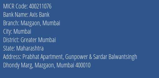 Axis Bank Mazgaon Mumbai Branch Address Details and MICR Code 400211076
