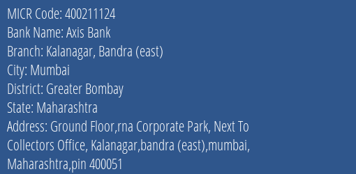 Axis Bank Kalanagar Bandra East Branch Address Details and MICR Code 400211124